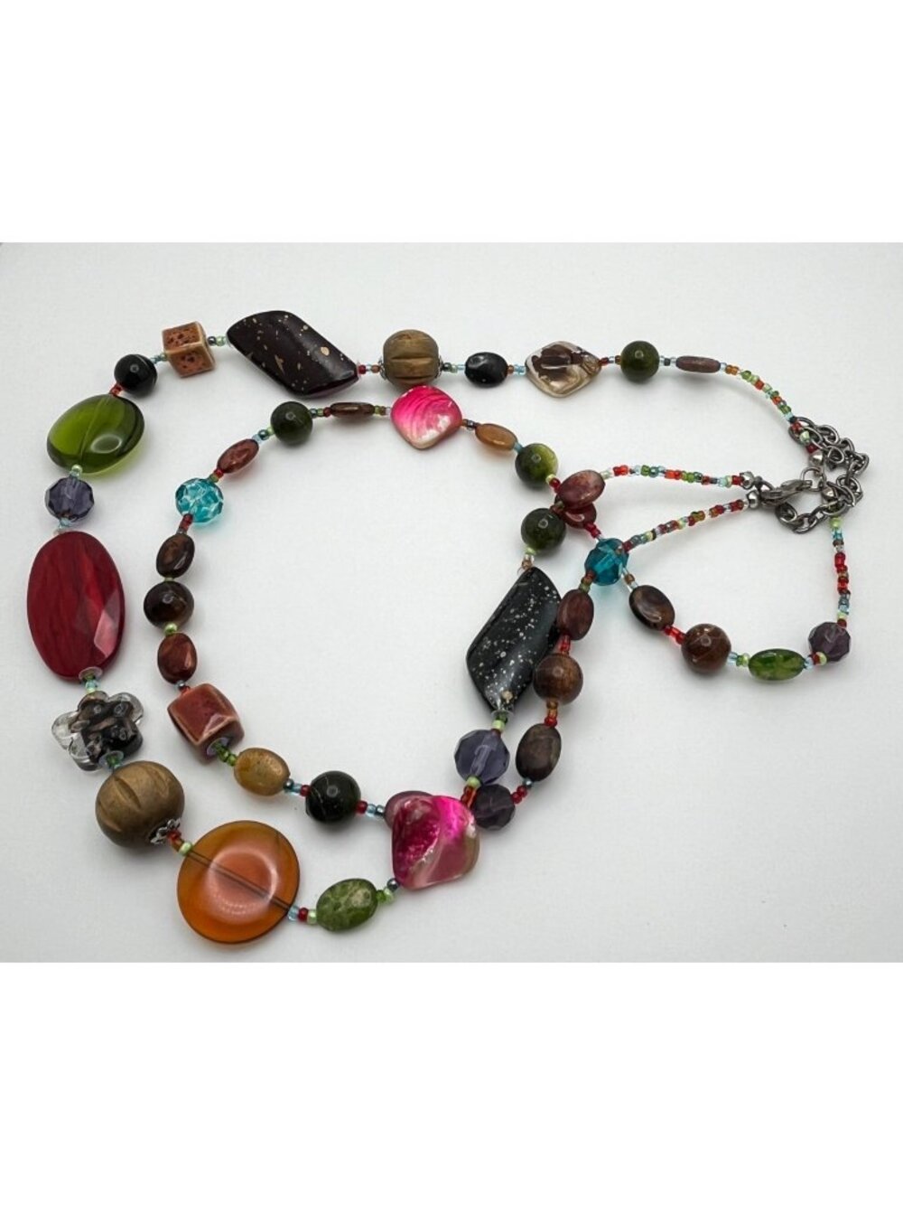 Multicolor Beaded Double Strand Necklace Faux Stone Vibrant Rainbow Boho